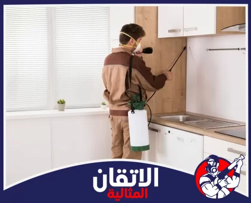 مكافحة البق في الجبيل 0567008659 شركة أتقان المثالية فني مكافحة آفات يرتدي كمامة ويرش المبيدات بدقة داخل زوايا المطبخ وخلف الخزانات.