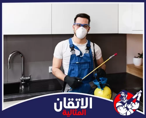 مكافحة الصراصير بالدمام شركة 0567008659 اتقان المثالية فني مكافحة الصراصير في الدمام يرتدي قناع وقفازات ويحمل أداة رش داخل المطبخ لضمان التخلص من الحشرات وحماية البيئة المنزلية.