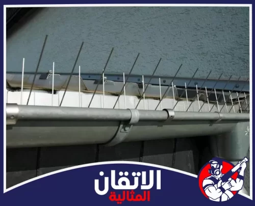 تركيب شبك طارد الحمام للشبابيك بالأحساء 0567008659 شركة أتقان المثالية أشواك معدنية طاردة للطيور مثبتة فوق ميزاب تصريف مياه الأمطار على حافة السطح لحماية المبنى.