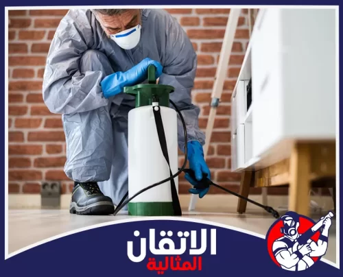مكافحة النمل الأبيض في الجبيل 0567008659 شركة أتقان المثالية عامل مكافحة آفات يرتدي ملابس واقية ويقوم برش المبيدات خلف الأثاث بدقة